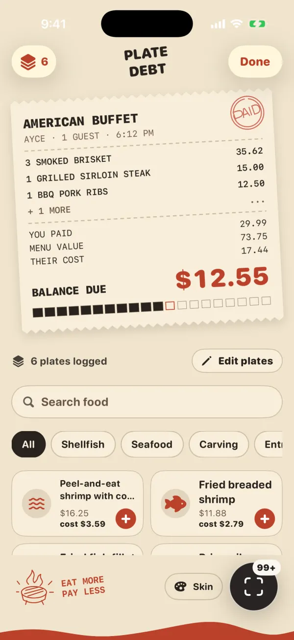 Diner Receipt 스킨이 적용된 Plate Debt 먹기 화면: 각 접시가 적힌 기울어진 크림색 영수증, 구석에 찍힌 PAID 도장, $12.55가 남은 적갈색의 남은 금액 표시, 그리고 20칸의 진행 바가 있습니다.