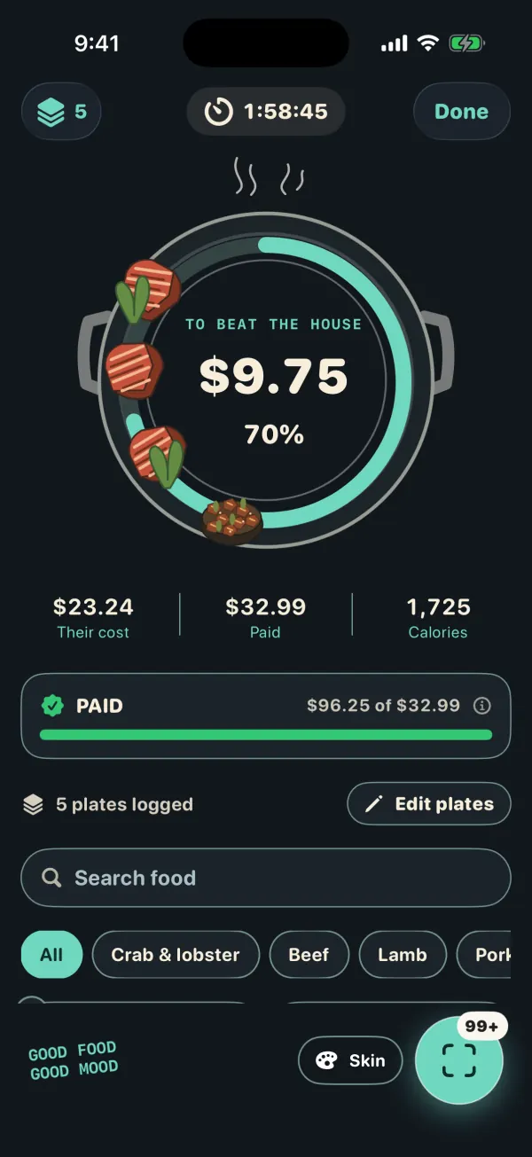 Teal Hotpot 스킨이 적용된 Plate Debt 먹기 화면: 손잡이가 있는 어두운 냄비와 가게를 이기기까지 $9.75 남았음을 보여주는 청록색 진행 링, 테두리 주변의 김과 고명, 그리고 하단의 PAID 바가 있습니다.