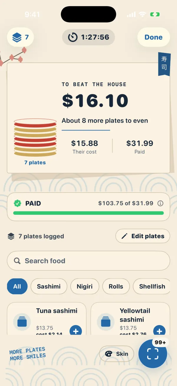 Sushi Plates 스킨이 적용된 Plate Debt 먹기 화면: 벚꽃 가지와 파도가 그려진 파란색 초밥 배너 아래, 가게를 이기기까지 $16.10 남았음을 보여주는 크림색 종이 메뉴 카드와 색깔 있는 테두리의 접시 더미가 있습니다.